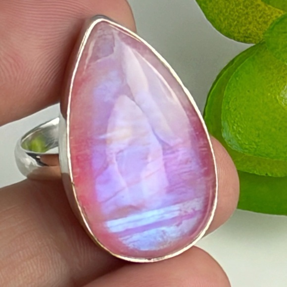 Pink Rainbow Moonstone Ring Size 8 3/4 New Chunky Sterling Silver 925 Overlay - Picture 3 of 11